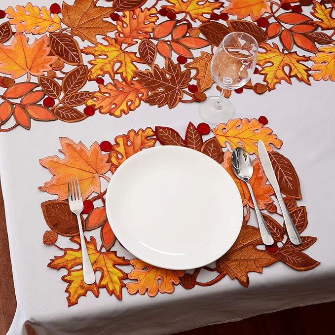Simhomsen Set of 4 Embroidered Leaves Table Place-mats for Thanksgiving, Fall or Autumn Harvest Decorations 14 × 20 inches