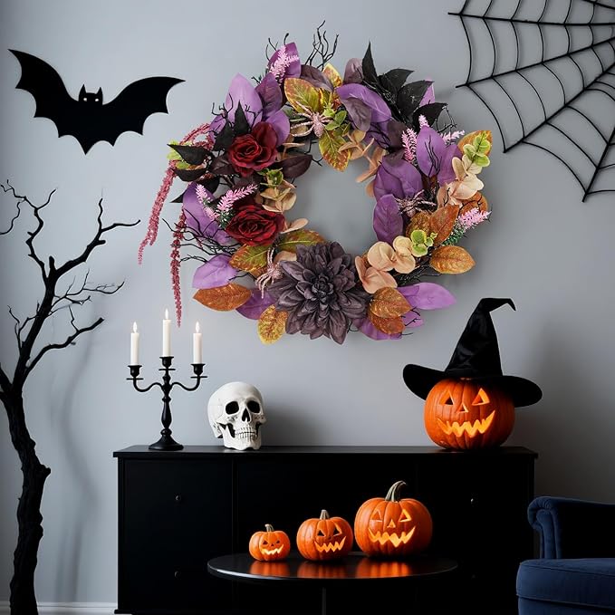 18 Inch Halloween Wreath for Front Door, Gothic Wreath with Spiders and Black Roses, Creepy Outdoor Indoor Decor for Window, Mantel, Wall, Fireplace - Durable Artificial Decorations