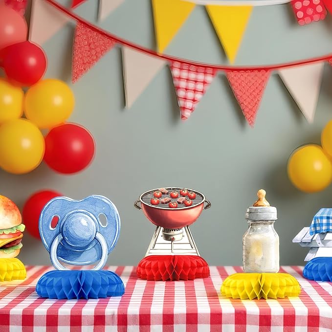 BabyQ Baby Shower Centerpieces – 12 PCS BBQ Honeycomb Table Decorations, Backyard Picnic Summer Baby Shower Décor