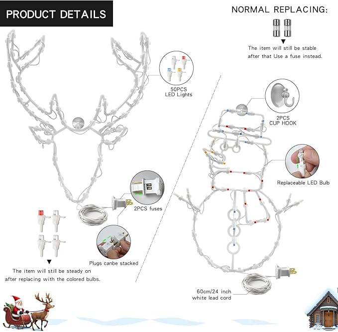Christmas Window Silhouette LED Lights Decorations 16", Pack of 2 Sign Lighted Snow Man and deer head 16"Plug-in Christmas Window Lights with 50 Bulbs for Holiday Indoor Wall Door Glass Decor