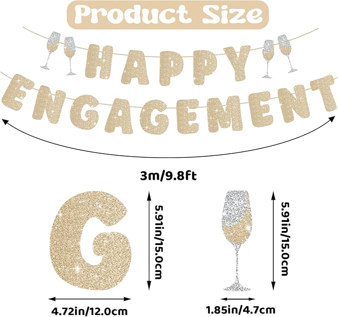 Engagement Party Decorations, Pre-Strung Happy Engagement Banner, Glitter Just Engaged Banner with Glass, Couples Shower Decorations For Happy Wedding Reception Sighs Photo Props Backdrop