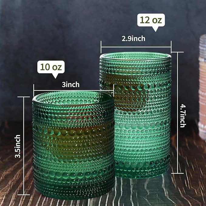 Vintage Hobnail Driinking Glasses Set, Glassware Drinking Set of 8, 12 oz Highball Glasses & 10 oz Cocktail Glasses, Tumbler Glasses for Cocktails, Whiskey, Juice, Milk