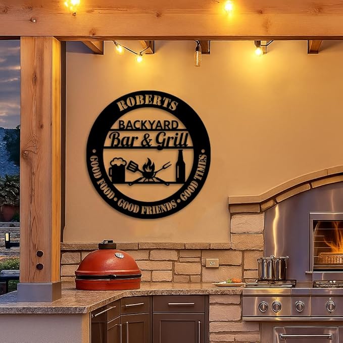 Custom Backyard Bar and Grill Metal Sign, Personalized Outdoor Patio Plaque with Beer and BBQ Design, Rustic Wall Art for Home Bar or Garden, Gift Idea for Birthday, Christmas, Holiday Parties