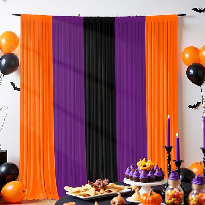 Halloween Backdrop Curtain,10×10ft Black Orange Purple Party Background Decor for Spooky Parties Photo Booths Home Haunted House Reusable Holiday Wall Decoration for Adults Teens