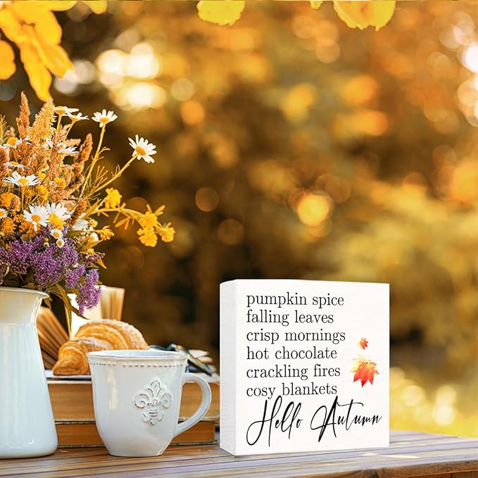 Funny Autumn Wood Box Sign Hello Autumn Wooden Block Desk Decor for Home Office Kitchen Cubicle Table Shelf Tabletop,Farmhouse Fall Sign Decor