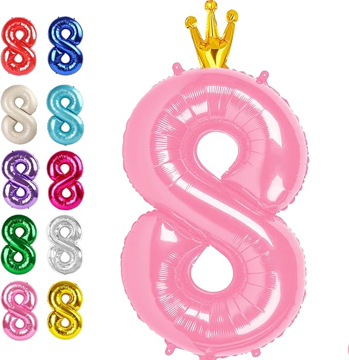 Helium Foil Pink Crown Number 8 Balloon 40 Inch, Mylar Eight Numbers 8 18 28 38 48 58 80 88 Birthday Balloons, Pink Crown Women Men Anniversary Graduations Party Supplies