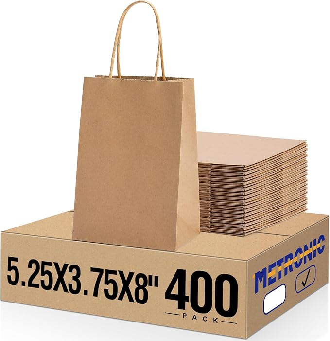 METRONIC Brown Paper Bags with Handles Bulk 5.25x3.75x8'' 400Pcs, Kraft Gift Bags for Small Business, Birthday Wedding Party Favor Bags, Christmas Gift bags, Retail shopping Bags