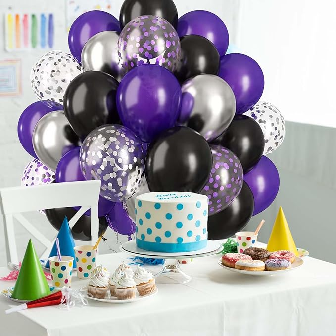 60PCS Purple Black and Silver Balloons,10 inch Purple Black and Silver Balloon Arch Kit Birthday Decorations,Suitable for Birthday Wedding,Halloween Party Decorations