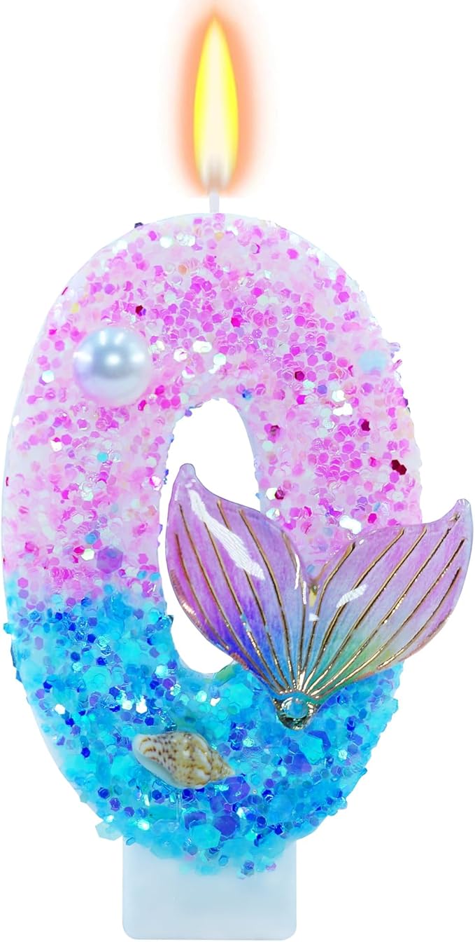 Mermaid Themed Birthday Candles, Number 0 Girls Glitter Birthday Party Supplies,Anniversary Party Decor,2.87 inch Cake Topper Decorations (Mermaid Themed, Number 0)