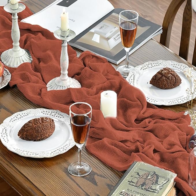 Artoid Mode Boho Terracotta Gauze 6 Pieces Wedding Table Runner, 120 Inch Birthday Fabric Kitchen Dining Holiday Table Decor for Home Party Indoor