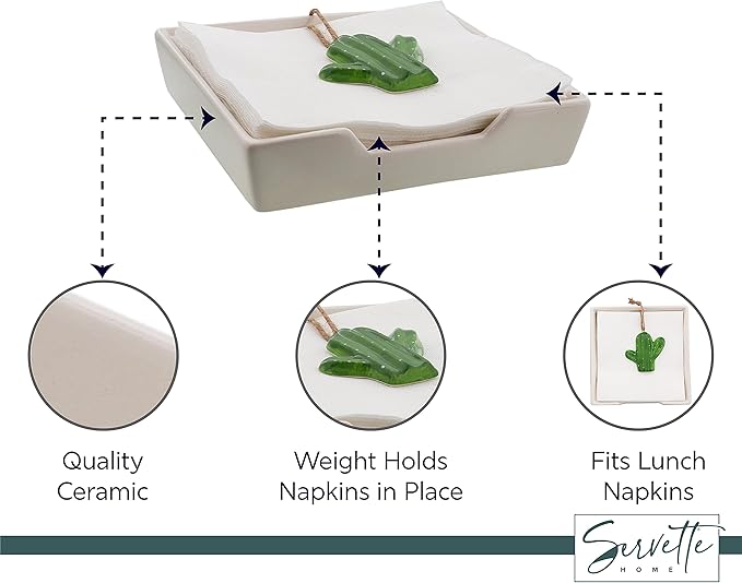White Ceramic Lunch Napkin Holder with Roped Weight - Cactus
