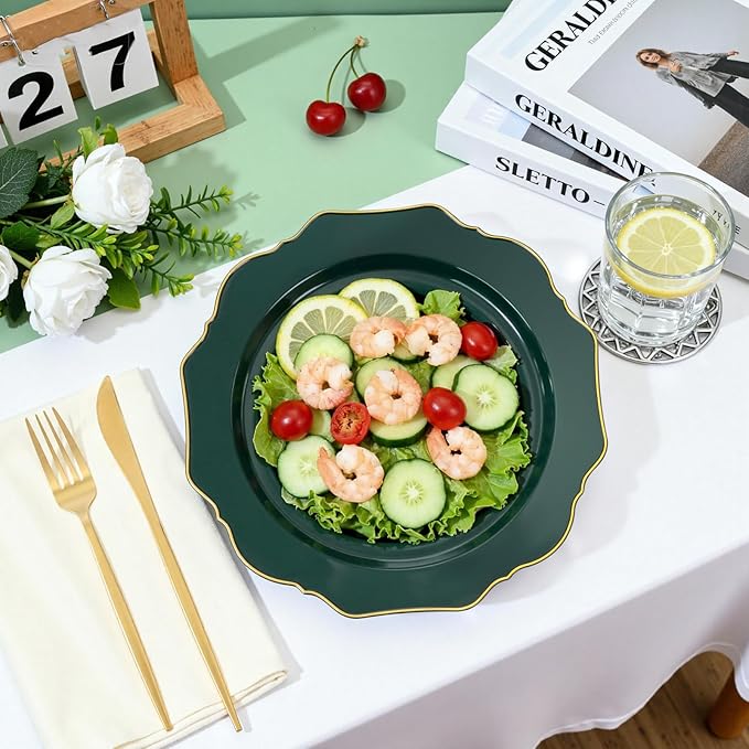 WDF 175Pcs Green Plastic Plates - Green Plates Disposable with Gold Rim - Christmas Plastic Plate - Fancy Disposable Dinnerware Sets 25 Guests Ideal for Christmas/Party/Wedding