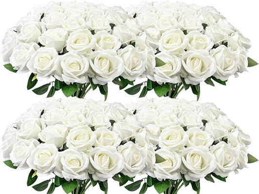 Wondrus Bulk Artificial Flowers 100 PCS, Fake Velvet Silk White Roses with Long Stems Realistic Bouquet for Wedding Centerpieces, Faux Arrangement for Home Table Decor