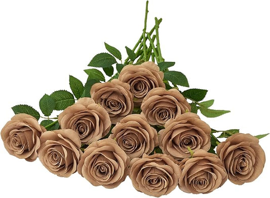 12pcs Coffee Roses Artificial Flowers Fake Roses Silk Flowers Roses with Long Stems for Wedding Home Party Centerpieces Decorations
