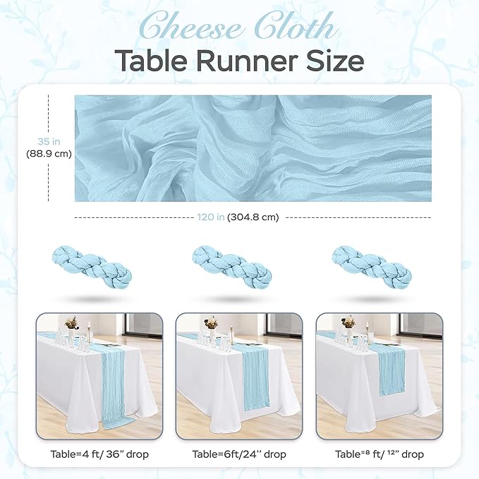 Cheesecloth Table Runner 6 Pack – 35x120 Inch (10ft) Boho Rustic Gauze Cloth Runners – Crinkle Polyester Table Decor for Wedding, Baby Shower, Bridal Shower, Birthday Party and More (Sky Blue)