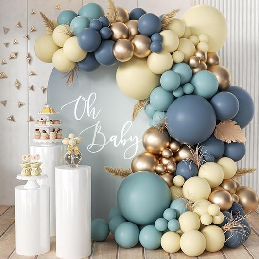 Dusty Blue Balloon Garland Arch Kit, 166Pcs Retro Blue Pastel Baby Blue Macaroon Yellow Gold Metallic Balloons for Baby Shower Wedding Boy Birthday Decoration
