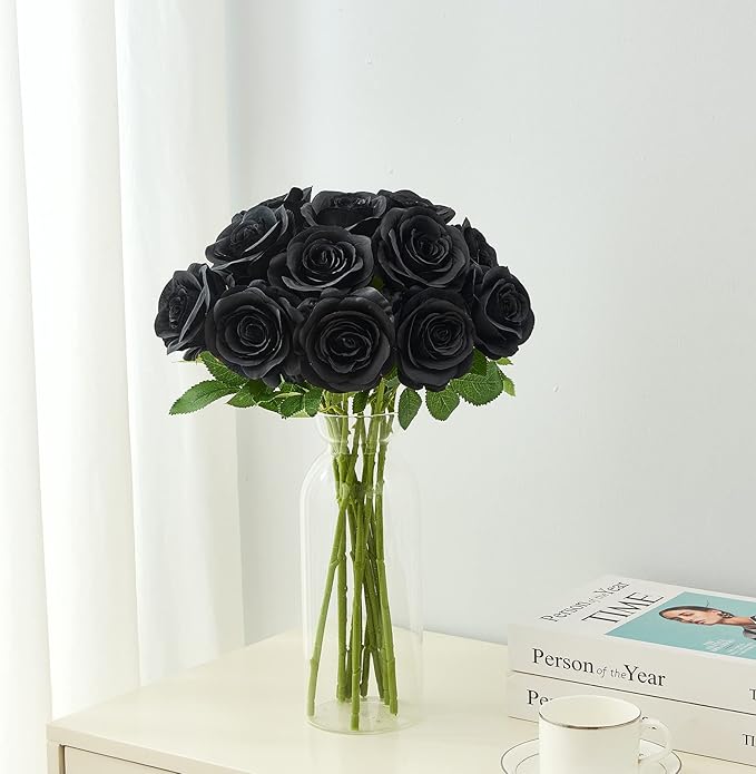 12PC Black Roses Artificial Flowers Fake Roses Silk Realistic Roses Bouquet Flowers with Long Stems for Wedding Home Party Centerpieces Decorations