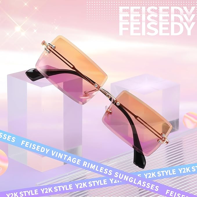 FEISEDY Vintage Rimless Sunglasses Rectangle Frameless Candy Color Glasses Women Men B2642