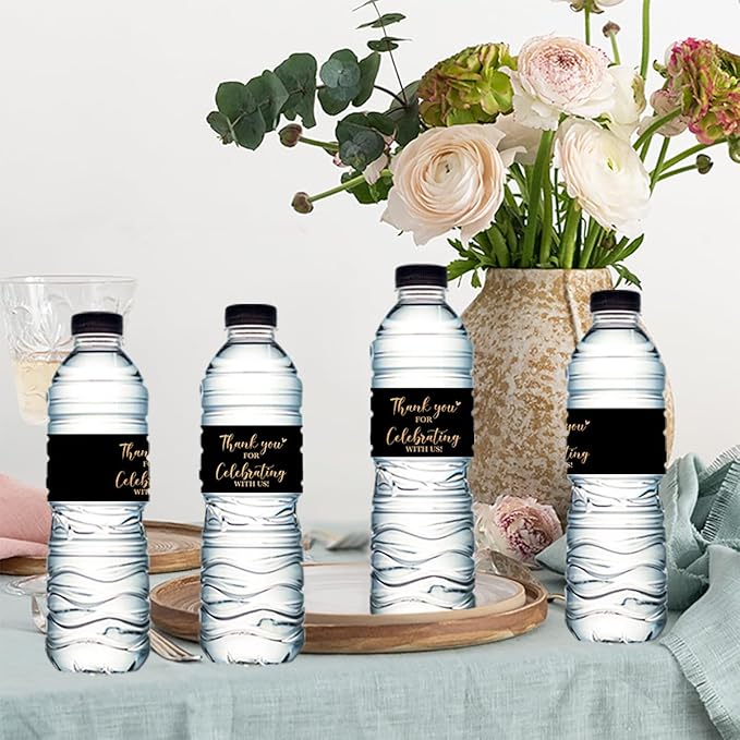 100PCS Wedding Water Bottle Labels Waterproof Greenery Floral Wraps Sticker for Water Bottle Baby Shower Bottle Label for Bridal Shower Party Thanks（Black）