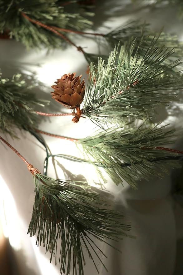 6.4FT Rustic Christmas Garland with Light, Pre-lit Outdoor with Pine Needles Cones for Fireplace Door Porch Mantel Centerpiece Xmas Decoration, Green (Dense Pine Needle)