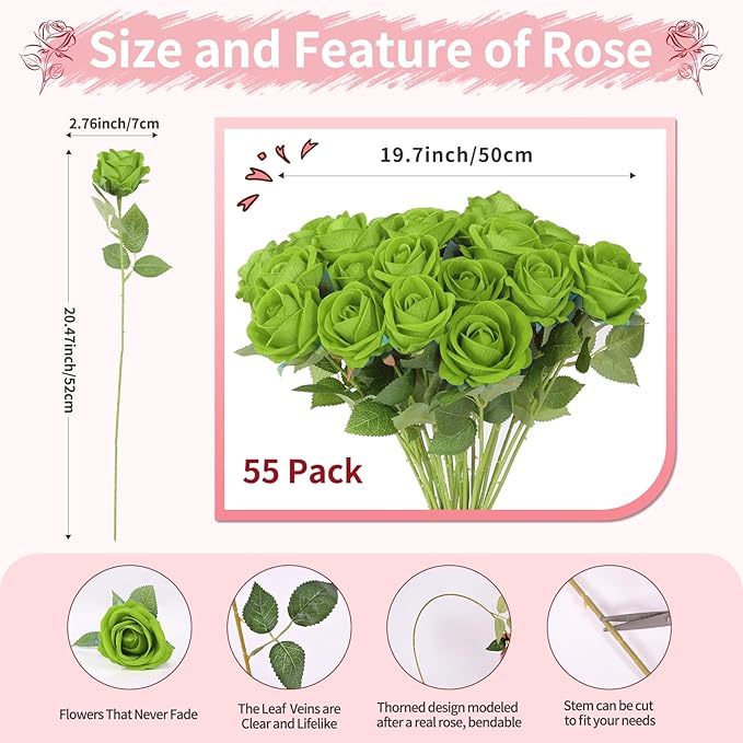 52 PCS Green Artificial Roses Bulk, Fake Artificial Flowers Bridal Bouquet Silk Faux Rose with Stems for Wedding Flowers Decoration, Valentine's Day, Bridal Bouquet, Anniversary, Home Decor (52PCS)