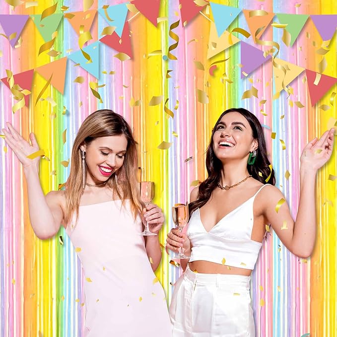6 Pack Rainbow A Foil Fringe Curtains Backdrop, 3.28 x 9.8 Ft Metallic Streamers Tinsel Curtains Background for Photo Booth, Birthday, Halloween, Christmas, Thanksgiving, New Year Party Decorations