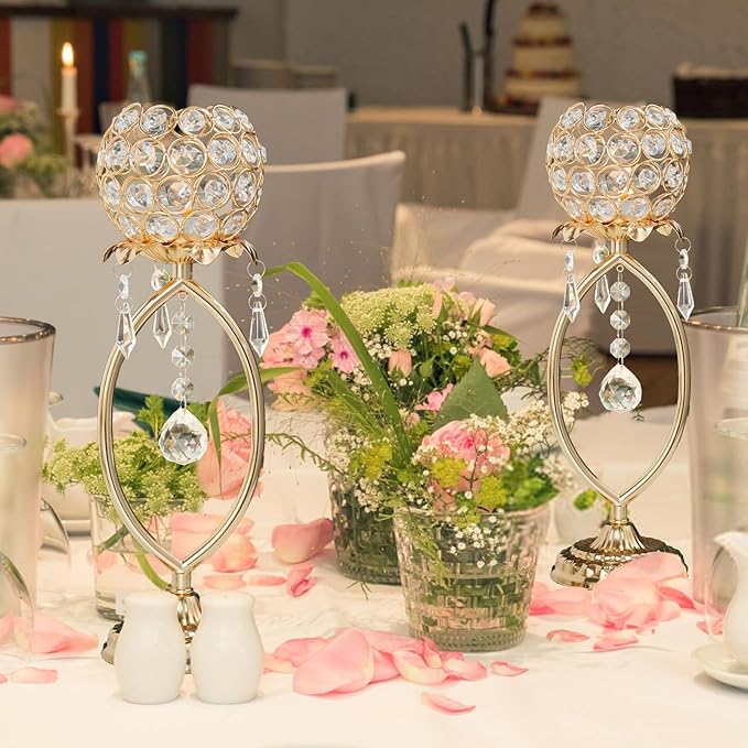 2 Pcs Gold Elegant Metal Crystal Tea Light Candle Holders with Bling Crystal Pendants, Hollow Design - Wedding Table Centerpieces for Anniversary Birthday Party, Home Decor