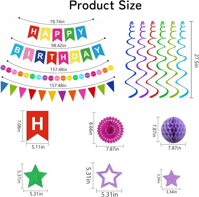 Birthday Decorations Colorful Happy Birthday Banner Paper Fans Honeycomb Balls Hanging Swirl Stars Triangles Dots Garland Cupcake Toppers Party Decorations for Women Men