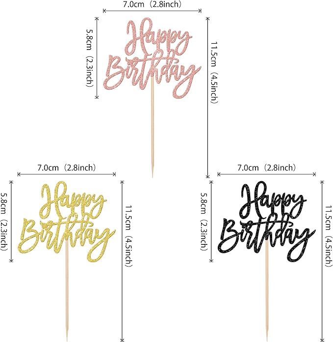 24 PCS Happy Birthday Cupcake Toppers Glitter Happy Birthday Cupcake Picks for Celebrating Anniversary Theme Party Cake Decorations Supplies Gold Black Rose Gold