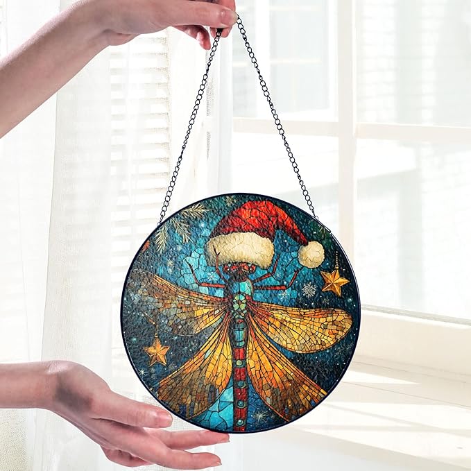 Damselfly Dragonfly Stained Glass Window Hanging Decor - Damselfly Dragonfly Christmas Hanging Ornament - Damselfly Dragonfly Christmas Decor - Wall Decor for Indoor Outdoor - Xmas Gift for Home Decor
