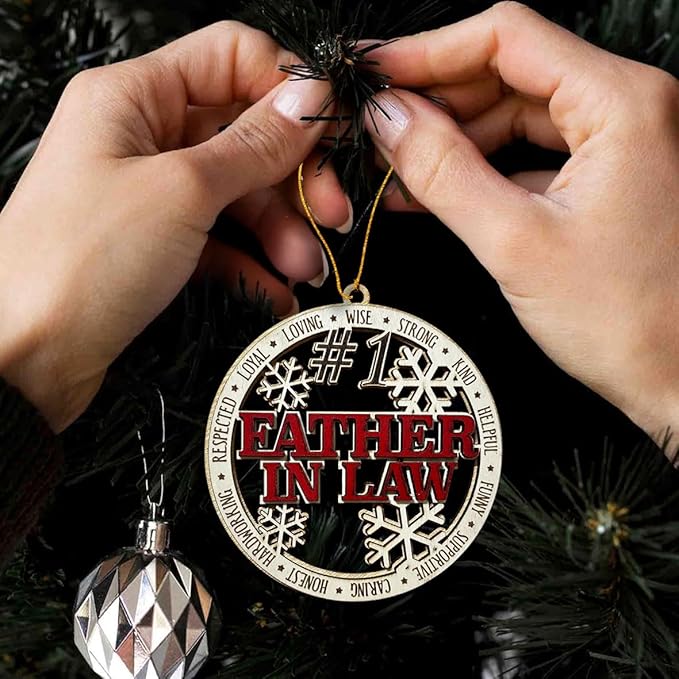 #1 Father-in-Law Wooden Christmas Ornament – Best Father-in-Law Holiday Tree Hanging Decoration, Rustic Xmas Gift with Snowflakes & Words