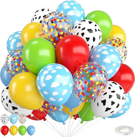 Red Yellow Blue Balloons,12 Inch Cow Print Sky Blue Cloud Balloons and Red Blue Yellow Green Confetti Balloon for Boys GirlsThemed Birthday Party Decorations