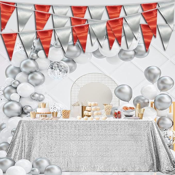 65FT Red Silver Triangle Pennant Banner Flag Metallic Fabric Bunting Garland for Christmas Graduation Wedding Engagement Anniversary Bachelorette Birthday Bridal Shower Valentines Hen Party Supplies