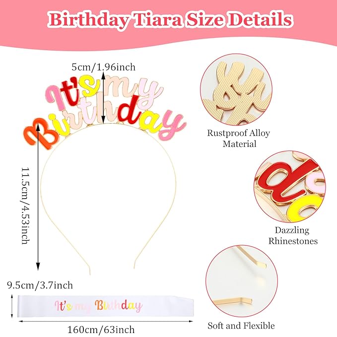Birthday Girl Tiara Headband Set, Colorful Birthday Girl Sash, Women Party Decorations, Adjustable Metal Alloy, Photo Props Gifts