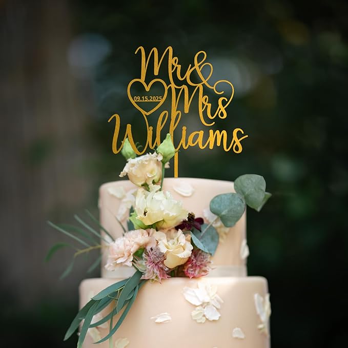 Noni Luxury Personalized Wedding Cake Topper with date and heart, Custom Couples Script Cake Topper for Weddings, Rustic Cake Topper, Custom Cake topper, Mr and Mrs Cake Toppers for Wedding