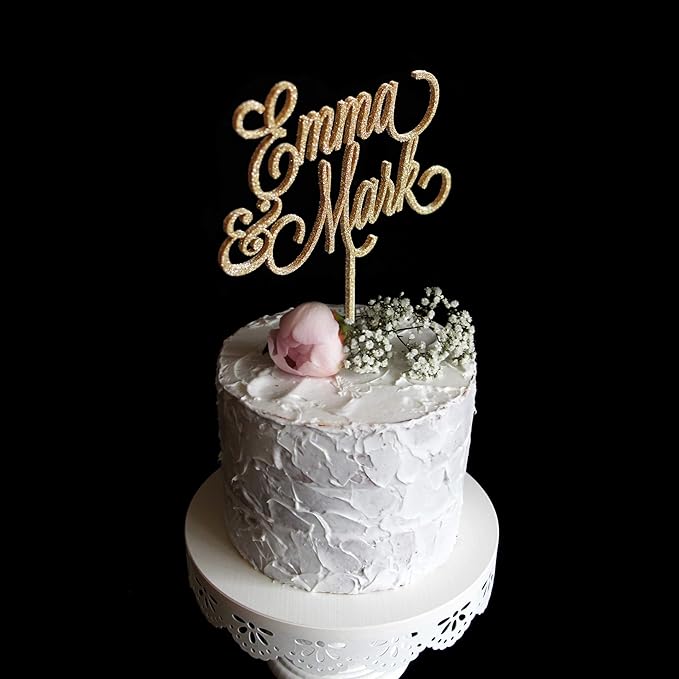 Custom Wedding Cake Topper with First Names, Personalized wedding cake topper, Calligraphy Wedding Cake Topper, Rose Gold Silver Glitter