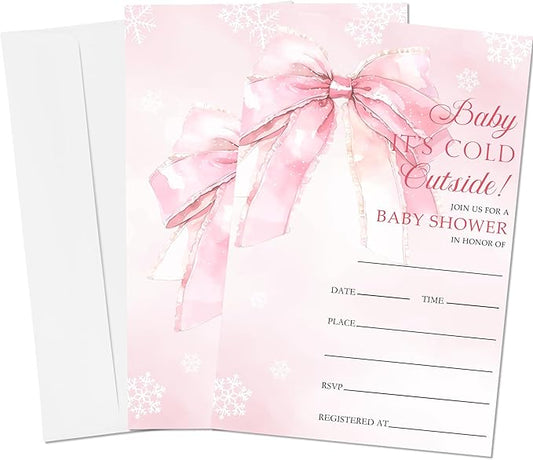 4'' x 6'' Baby It's Cold Outside Baby Shower Invitations - 25 Watercolor Pink Bow Invited Cards with Envelopes - Winter Announcement Invites for Girls, Gender Reveal Party Supplies & Decor -A02