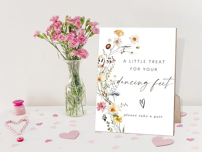 Flower Dancing Feet Sign, Wedding Decorations for Reception, Bridal Shower Party Decor, Table Centerpieces for Party, Wedding Guest Gifts, 6X8 Inch Wooden Bridal Shower Signs with Stand, 11