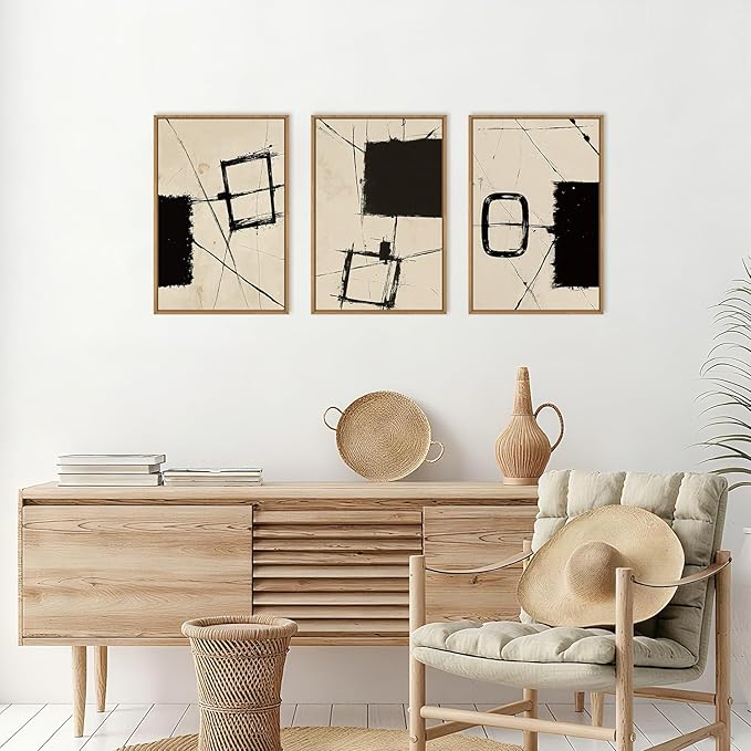 HOURIA Abstract Geometric Framed Canvas Wall Art Set,Black and Beige Brushstroke Wall Decor,Neutral Modern Wall Painting,Textured Line Drawing Art Prints for Living Room, Bedroom, Farmhouse-16 x24 x3