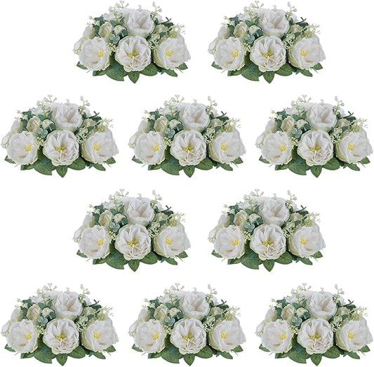 NUPTIO Artificial Flowers Ball Centerpieces: 10 Pcs 9.8 Inch Diameter Fake Kissing Rose Floral Balls for Wedding Party Bridal Shower Valentine Home - White Bouquet Arrangement Decorations for Table