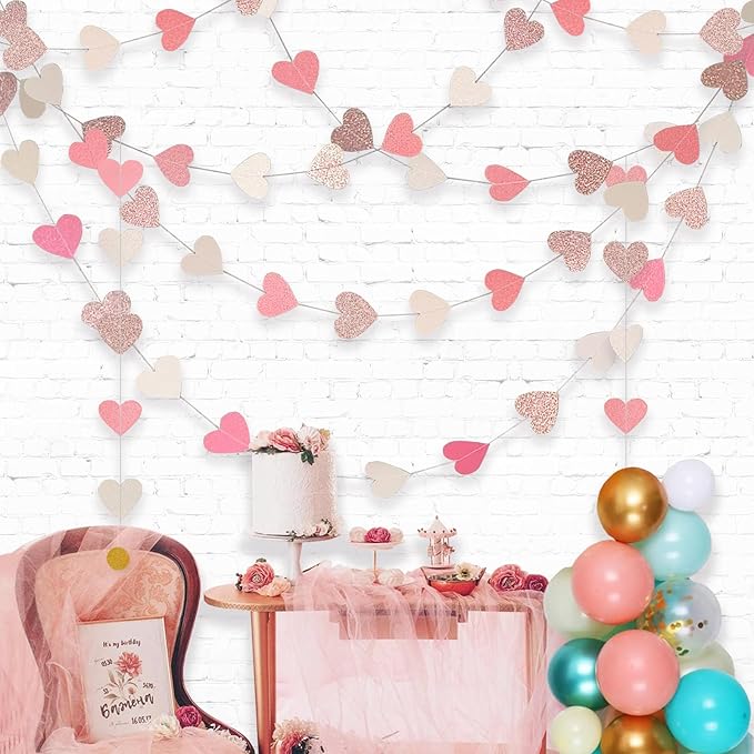Sparkly Heart Hanging String Garland, Paper Heart Garland Streamers for Bachelorette Birthday Party Decorations Baby Shower Anniversary Bridal Shower Decorations, Rose Gold Pink White