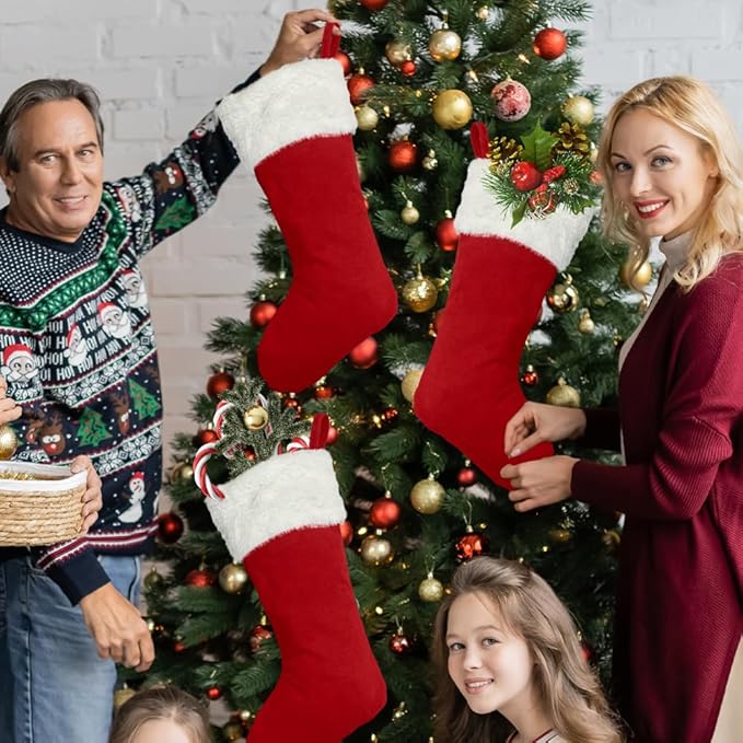 6Pack Red Christmas Stockings Traditional 20 Inch Large Vintage Christmas Stocking Polyester Plush Luxury Xmas Stocking for Family Holiday Party Decor and Xmas Tree Fireplace Mantle Pet