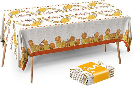 ATFUNSHOP Thanksgiving Tablecloth 5 Pack 54" X 108" Disposable Fall Table Cover Party Supplies Pumpkins Autumn Leaves Water Proof Plastic Table Cloth for Thanksgiving Decoration Dinner Party