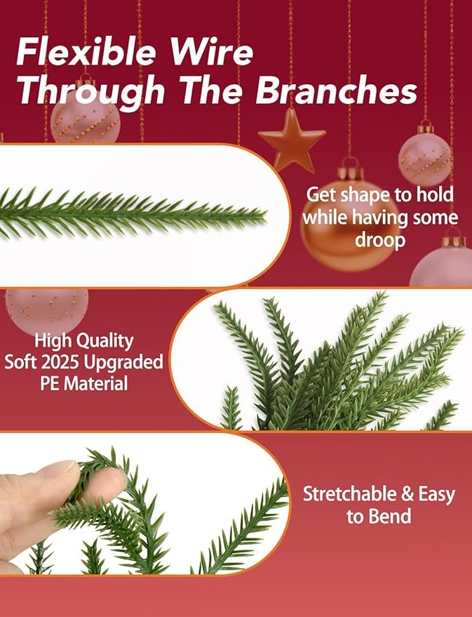 Premium 30% Fuller 6 Ft Artificial Norfolk Pine Garlands with Lights, Real Touch Winter Pine Garland, for Staircase, Table, Mantle, Wall, Indoor, Outdoor Christmas Decorations, Flower Arranging