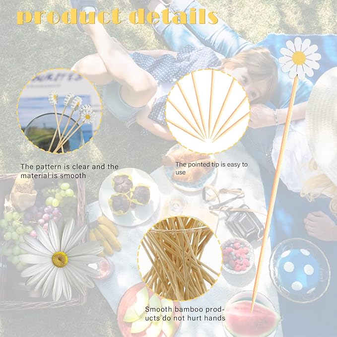 Daisy Cocktail Picks Springtime Floral Decorative Toothpicks Fruit Sticks Food Sandwich Appetizer Charcuterie Skewers, for Spring Flower Sunflower Daisy Decorations Boho Groovy Party Supplies