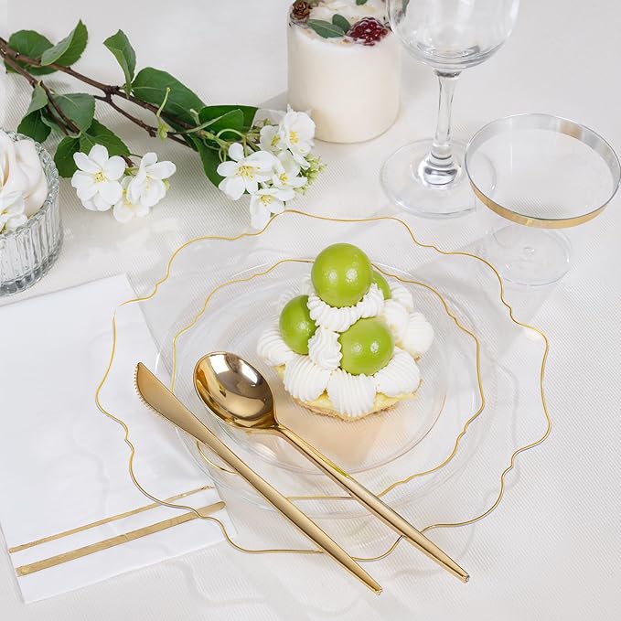 WDF 350Pcs Clear and Gold Plastic Plates - Heavy Duty Clear Plates Disposable - Gold Dinnerware Sets of 100 Plastic Plate 150Silverware 50 Cups 50 Napkins for Wedding/Party/Thanksgiving
