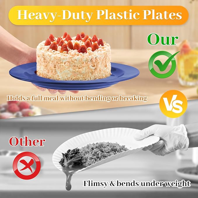 MENDENG 50PCS Blue Plastic Plates for Party, 25x10.25 Dinner Plates & 25x7.5 Dessert Plates, Heavy Duty Disposable Plastic Plates for Wedding Party Hanukkah