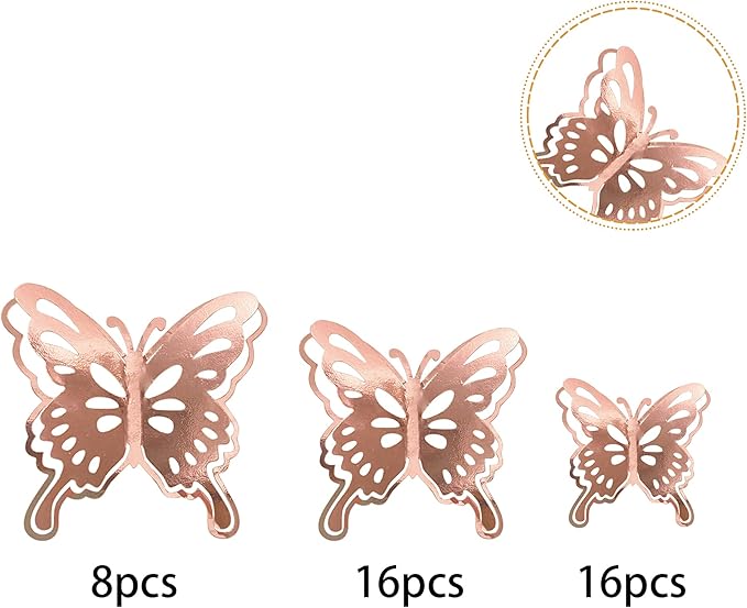 40 PCS Rose Gold Lively 3D Butterfly Cupcake Toppers Hollow Art Butterfly Cake Topper Decorations for Baby Shower Wedding Anniversary Kids Birthday Party Supplies Mixed Size