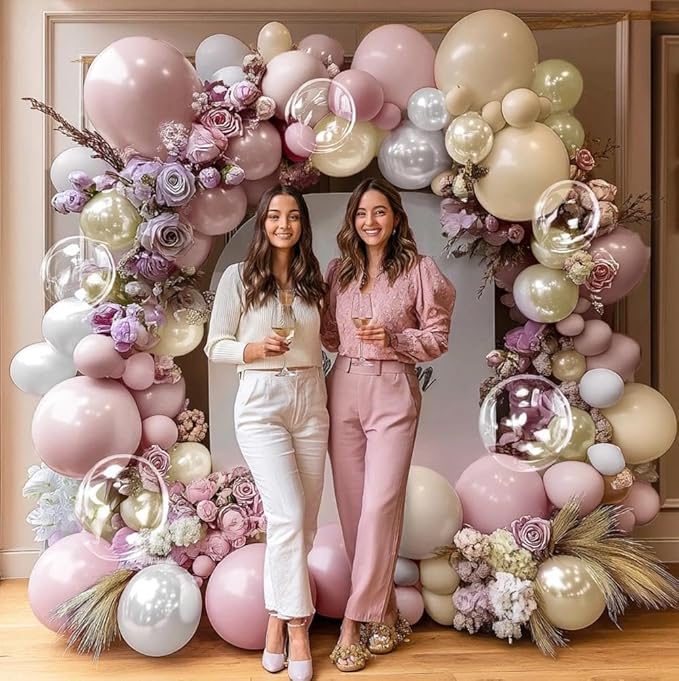 Dusty Pink White Beige Balloon Arch - Double Stuffed Pink Mauve Pearl White Nude Gold Balloon Garland Kit Boho Blush Cream Balloons for Baby in Bloom Baby Shower Bridal Wedding Birthday Party Decor