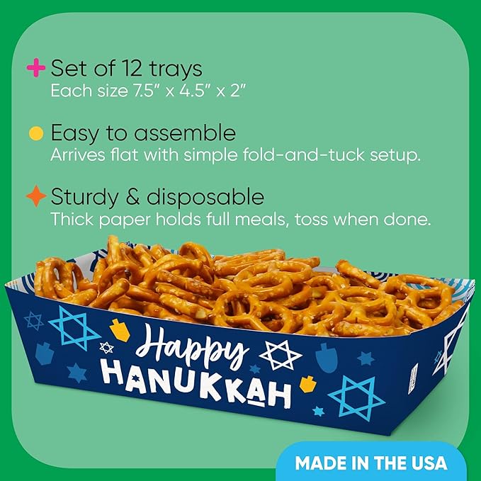 Big Dot of Happiness Hanukkah Paper Food Trays, Disposable Food Boats, Chanukah Holiday Party Decor, Double-Sided Meal Holders for Hanukkah - 12 Ct